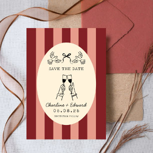 レッド+ピンクのストライプがキュートな落書き風Save the Date 招待状