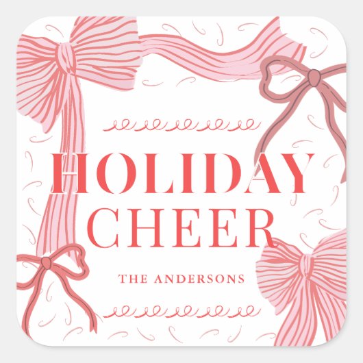 レッド&ピンクボーズホリデー応援フォトクリスマス スクエアシール (正面)