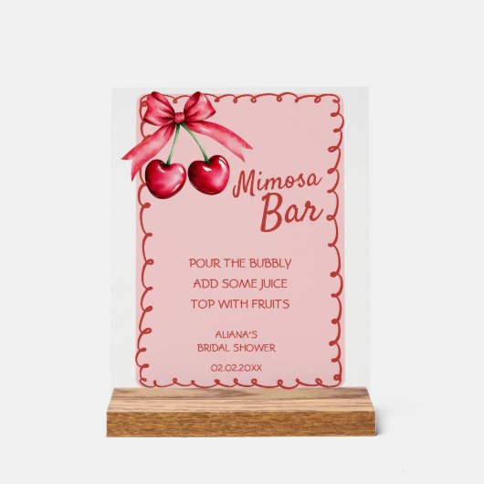 レッド&ピンクミモザバーさくらんぼブライダルシャワー アクリルサイン (正面)