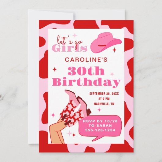 レッド&ピンク女性のカーボーイ30th誕生日パーティー写真 招待状 (正面)