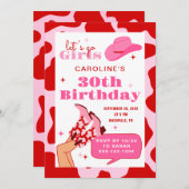 レッド&ピンク女性のカーボーイ30th誕生日パーティー写真 招待状 (正面/裏面)