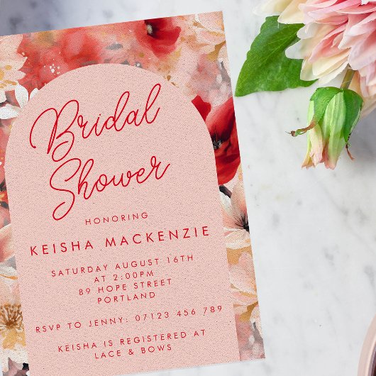 レッド&ピンク抽象芸術フローラアーチブライダルシャワー 招待状
