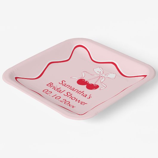 レッド ピンク ボウ チェリー ブライダル シャワー ペーパープレート (傾斜あり)