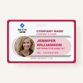 レッド ピンク ミニマル ビジネス QR 従業員写真ID バッジ