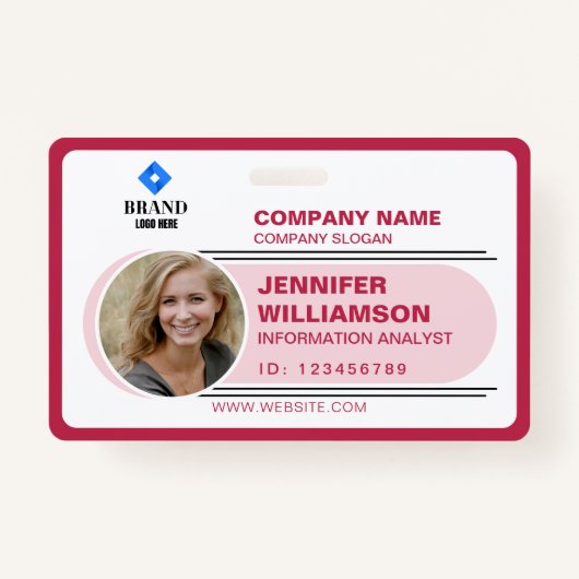 レッド ピンク ミニマル ビジネス QR 従業員写真ID バッジ (正面)