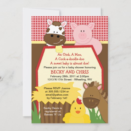レッド ファーム バーンヤード ベイビー シャワー 招待状 (正面)
