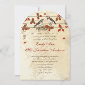 レッド フォール リーフ ヴィンテージ ラブバード ウェディング 招待状 (正面)