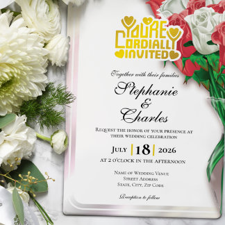 レッド フローラル ウェディング インビテ - ゴールド ヘディング #4 招待状