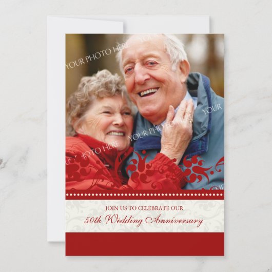 レッド フローラル フォト 50周年 誕生日 招待状 (正面)