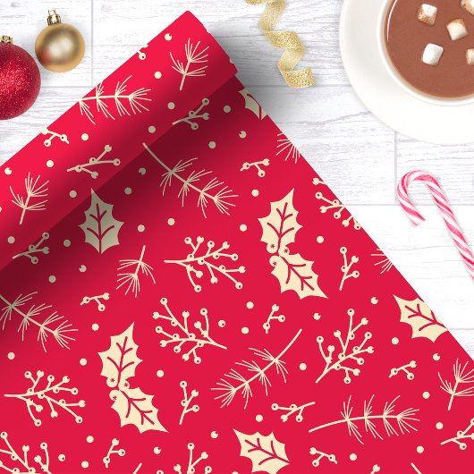 レッド フローラル フォリアージュ ボタニカル クリスマス ラッピングペーパー