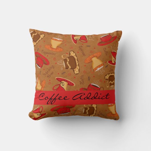 レッド&ブラウンコーヒーカップコーヒー中毒カスタム クッション (正面)
