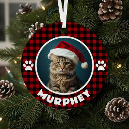 レッド&ブラックのタータンチェックのクリスマス オーダーメイド ペット メタルオーナメント