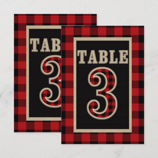 レッド＆ブラックのバフロー・チェックのナチュラルなテーブルナンバー3 招待状 (正面/裏面)