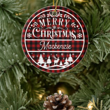レッド+ブラックのブッファローチェック柄のカスタムデザインのクリスマスオーナメント
