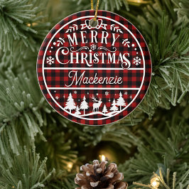 レッド+ブラックのブッファローチェック柄のカスタムデザインのクリスマスオーナメント セラミックオーナメント