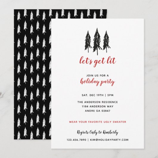 レッド&ブラックエバーグリーンツリーパターンホリデーパーティー 招待状 (正面/裏面)