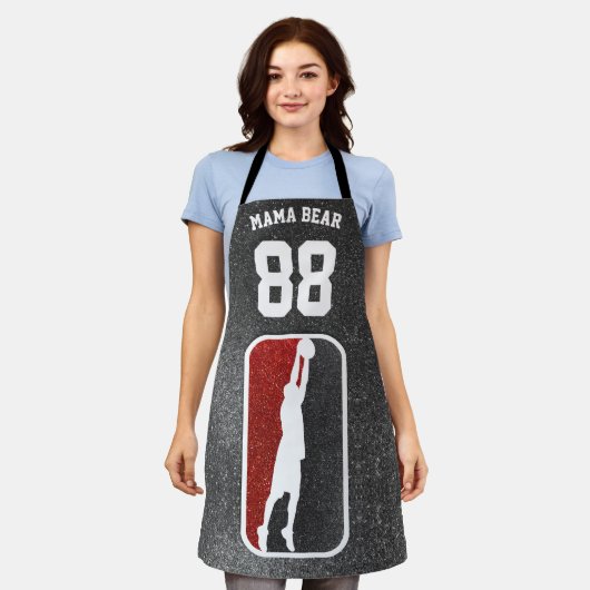 レッド&ブラックグリッターバスケットボールチームジャージー エプロン (着用した状態)