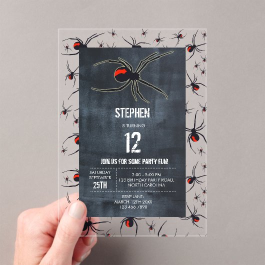 レッド&ブラックスパイダーバースデーパーティーテーマ アクリル招待状 (インサイチュ (ポータブル))