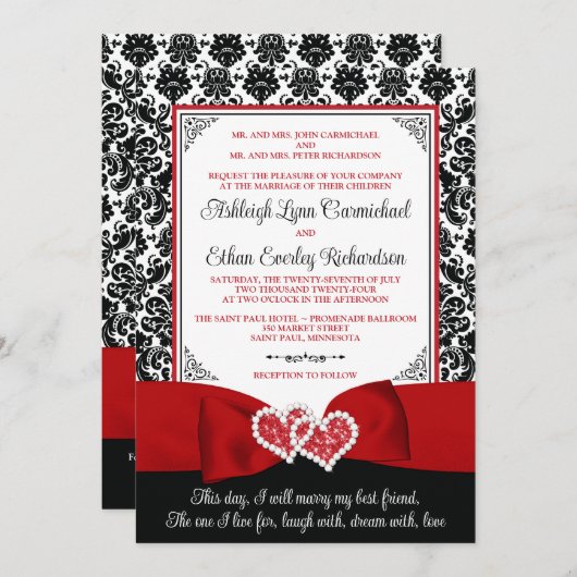 レッド、ブラックダマスクラブハート結婚ズ 招待状 (正面/裏面)