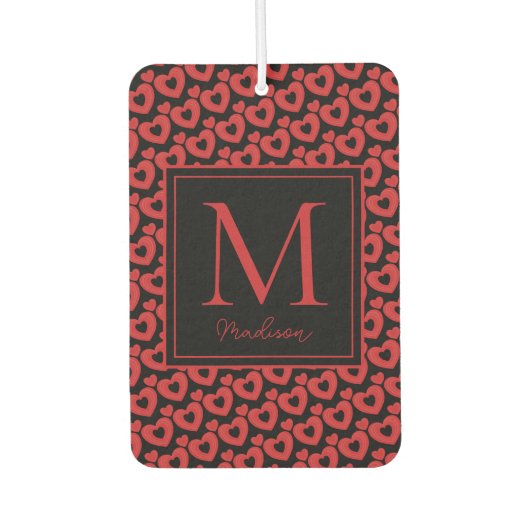 レッド&ブラックハートモノグラパーソナライズされたム カーエアーフレッシュナー (正面)