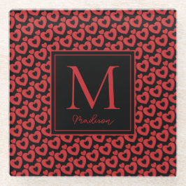 レッド&ブラックハートモノグラパーソナライズされたム ガラスコースター