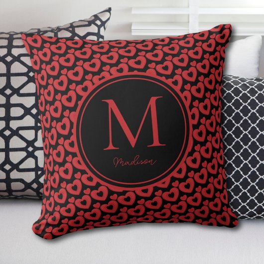 レッド&ブラックハートモノグラパーソナライズされたム クッション