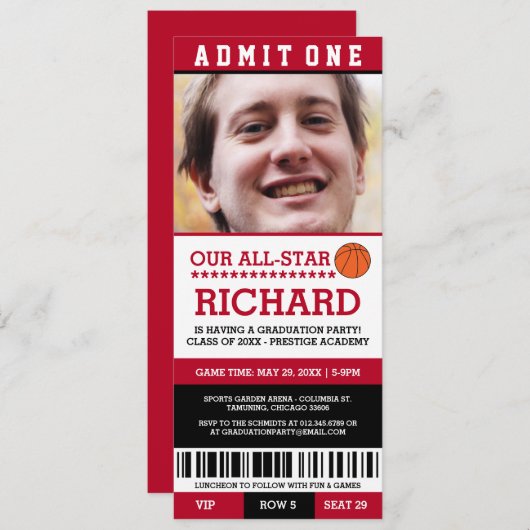 レッド&ブラックバスケットボール卒業パーティー招待状 招待状 (正面/裏面)