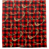 レッド&ブラックバッファロープレイド&金ゴールド鹿〔雄ジカの〕枝角 シャワーカーテン (正面)