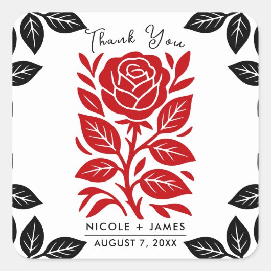 レッド&ブラックバラフローラモダンブライダルシャワー スクエアシール (正面)