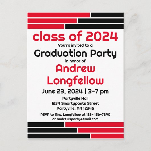 レッド&ブラックバー卒業パーティー インビテーションポストカード (正面)