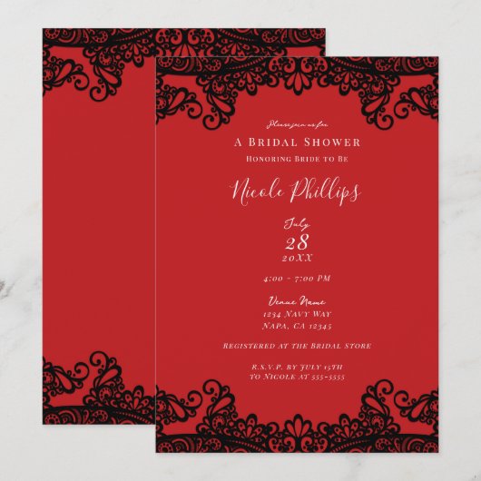 レッド&ブラックレースシエレガントックブライダルシャワー 招待状 (正面/裏面)
