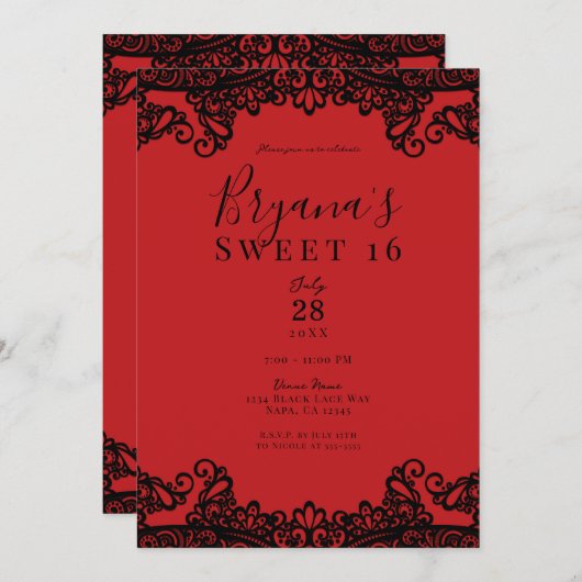 レッド&ブラックレースマスカレードスウィート16 招待状 (正面/裏面)