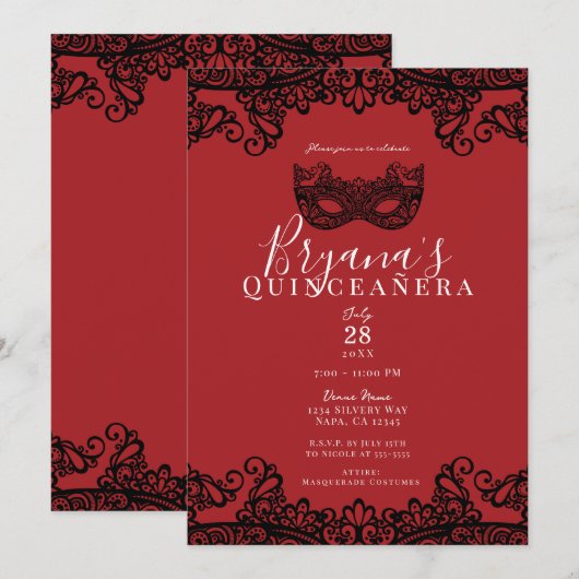レッド&ブラックレースマスカレード15 15thキンセアニラ 招待状 (正面/裏面)