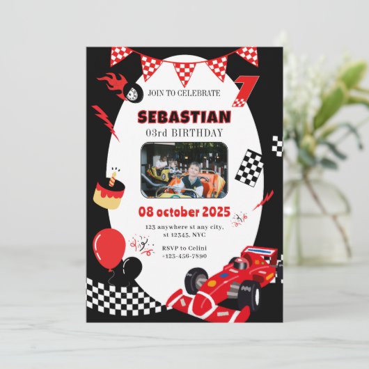 レッド&ブラックレース誕生日招待状-カスタム写真 招待状 (スタンド正面)