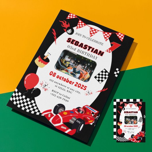 レッド&ブラックレース誕生日招待状-カスタム写真 招待状