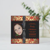 レッド ブラック ゴールド ダマスク フォト スイート16 パーティー 招待状 (スタンド正面)