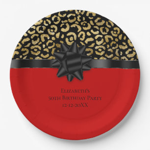 レッド ブラック ゴールド ヒョウ プリント 誕生日 ペーパープレート