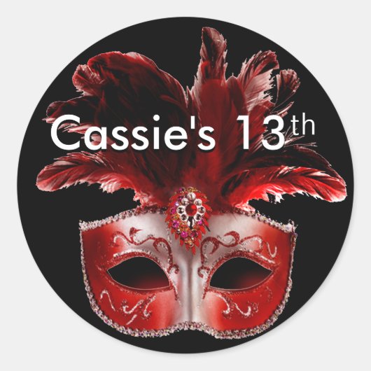 レッド、ブラック&シルバーのマスカレード・パーティー・ステッカー ラウンドシール (正面)