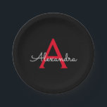 レッド ブラック スクリプト ガーリー モノグラム ネーム ペーパープレート<br><div class="desc">赤と黒のモノグラム お好きな名前を入れたスクリプトパーティプレート。豪華で洗練されたスタイルが好きな人への、スイート16の誕生日、結婚式、ブライダルシャワー、結婚記念日、ベビーシャワー、バチェロレッテパーティのプレゼントにぴったりです。</div>