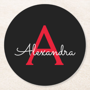 レッド ブラック スクリプト ガーリー モノグラム ネーム ラウンドペーパーコースター