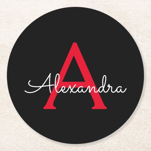 レッド ブラック スクリプト ガーリー モノグラム ネーム ラウンドペーパーコースター (正面)