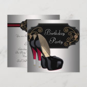 レッド ブラック ハイ ヒール シューズ バースデー パーティー 招待状 (正面/裏面)