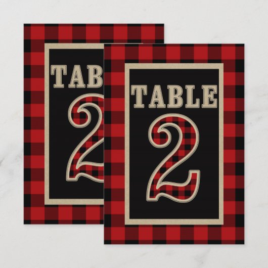 レッド＆ブラック バッファロー プリントのルースティック テーブル ナンバー 2 招待状 (正面/裏面)