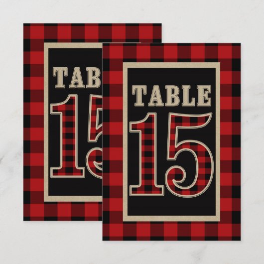レッド＆ブラック バッファロー プリントの素朴なテーブルナンバー15 招待状 (正面/裏面)