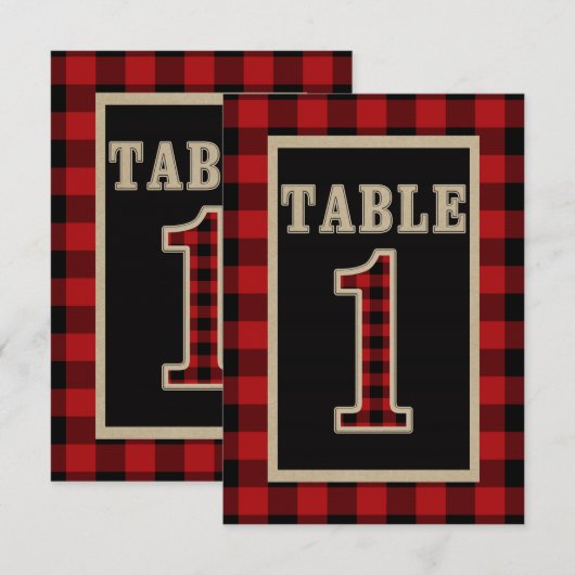 レッド＆ブラック バッファロー プリントの素朴なテーブル ナンバー 1 招待状 (正面/裏面)