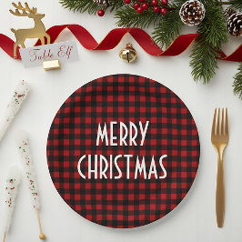 レッド&ブラック バッファロー プリント メリークリスマス ペーパープレート