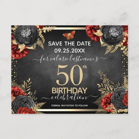 レッド ブラック ローズ 50歳の誕生日 保存日付のお知らせ ポストカード (正面)