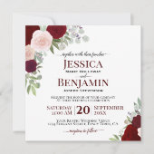 レッド&ブルゴーニュ水の色のバラエレガントな結婚式 招待状 (正面)