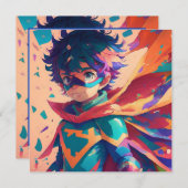 レッド&ブルーアニメスーパーヒーローボーイ誕生日 招待状 (正面/裏面)