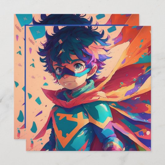 レッド&ブルーアニメスーパーヒーローボーイ誕生日 招待状 (正面/裏面)